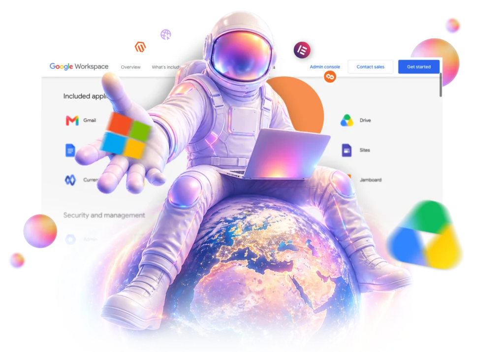 Astronaut representing Aura cloud hosting and Google Workspace solutions